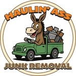 Haulin' Ass Junk Removal company logo with smiling donkey mascot