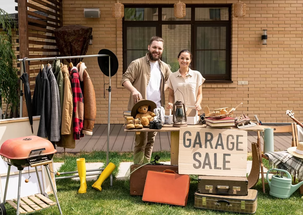 Cheerful couple hosting a garage sale with items displayed outdoors