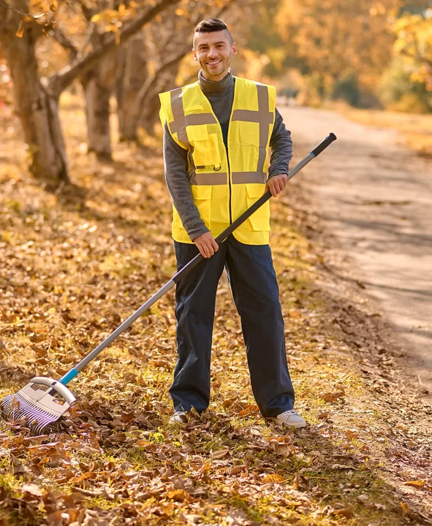 Worker raking and removing yard debris during cleanup
